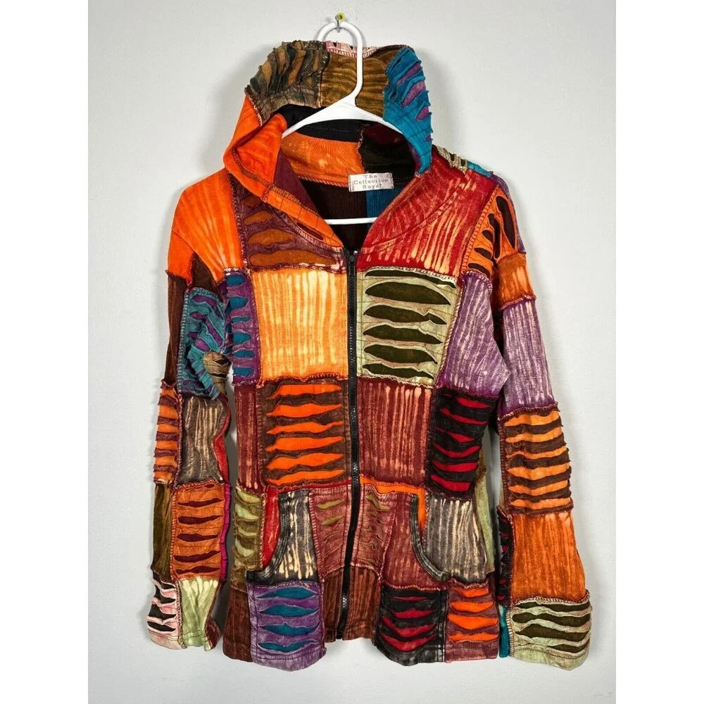 The Collection Royal Womens Zip Jacket Patchwork Colorful Hoodie Zip Boho Hippie